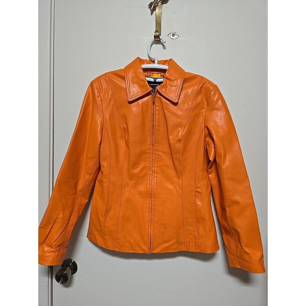 VINTAGE ColeBrook Bright Orange Leather Jacket Women's Medium Zipper
